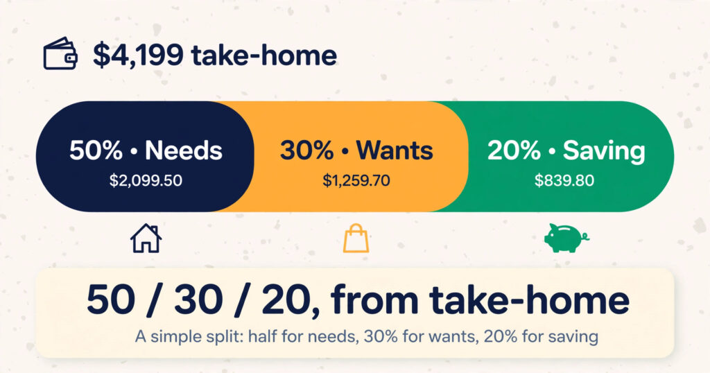 The 50/30/20 budget worked out from your actual take-home pay.